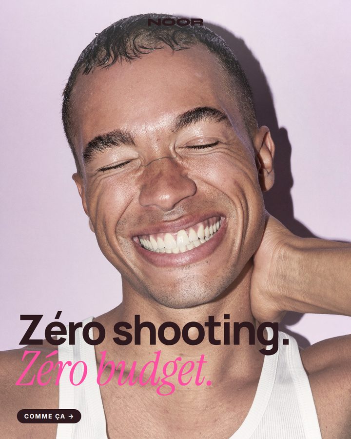 Zéro shooting, zéro budget — un homme en plein rire, fond lilas