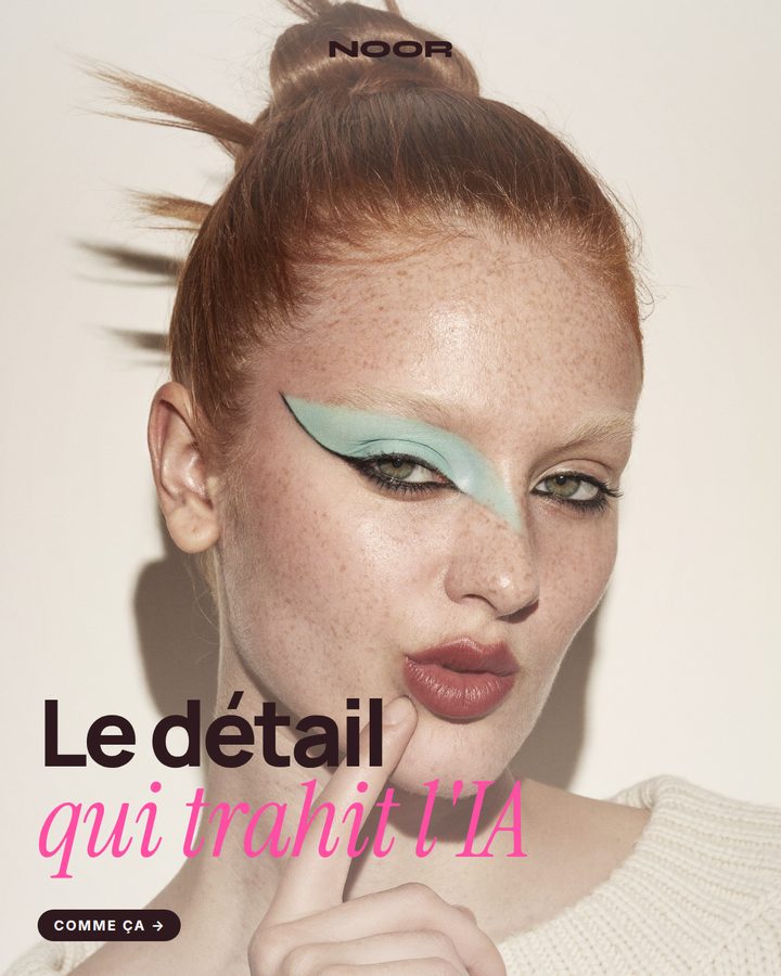 Le détail qui trahit l'IA — liner graphique bleu sur taches de rousseur