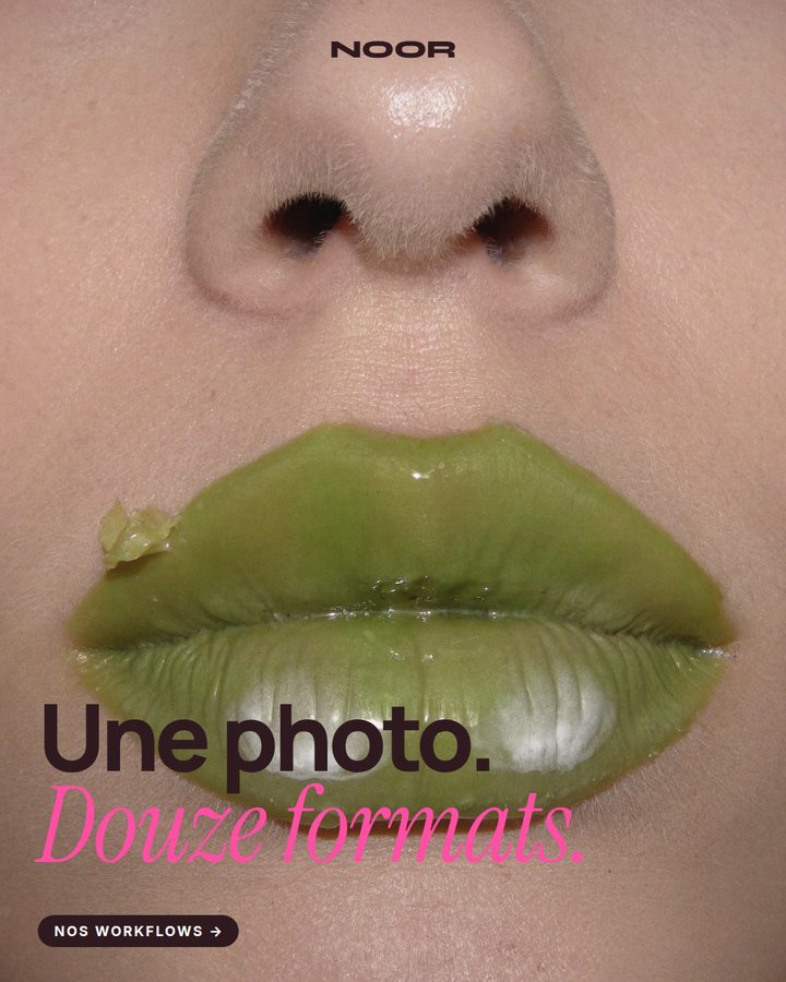 Une photo, douze formats — macro de bouche en gloss vert
